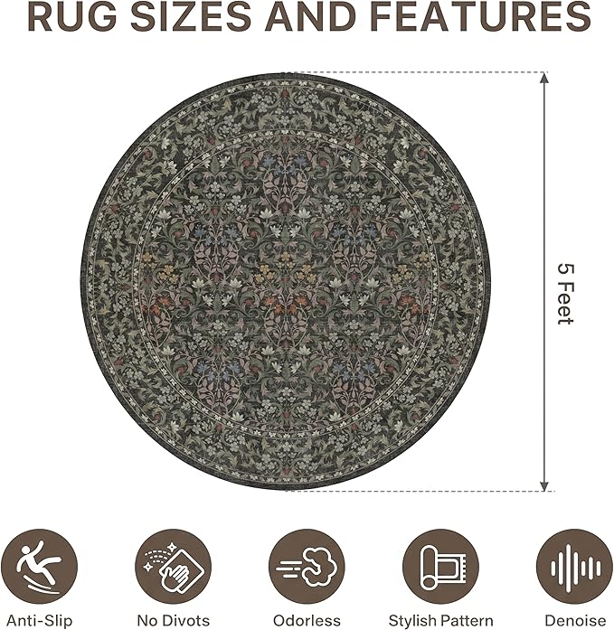 Office Chair Mat for Hardwood Tile Floor, Under Desk Carpet Protector for Rolling Computer Chair Mat, Round Washable Rugs 5ft Circle Area Rug, Anti-Slip 1/5" Thick Low Pile Thin Floor Mat, Moss Green