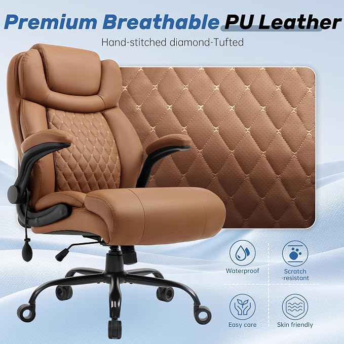 550LBS Big and Tall Office Chair, Comfy Heavy Duty Executive Chair with Adjustable Lumbar Support Double Spaces Casters, Fabric Extra Wide Seat Ergonomic Computer Desk Chair for Back Pain,Brown