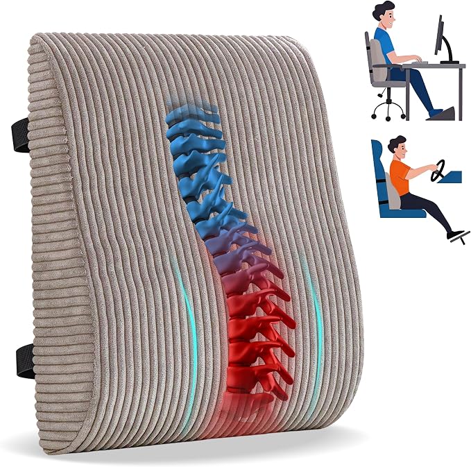 Ergonomic Lumbar Support Pillow for Lower Back Pain Relief, Corduroy Cover Back Support Cushion with Adjustable Straps, Large Size Lumbar Pillow for Office, Gaming & Home Essentials, Large, Grey