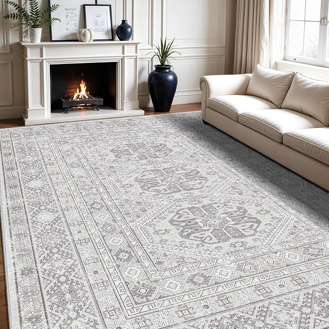 10x12 Area Rug for Living Room: Vintage Oriental Washable Rug for Bedroom Dining Room with Non Slip Rubber Backing Stain Resistant Low Pile Large Carpet Home Office (Grey, 10x12)