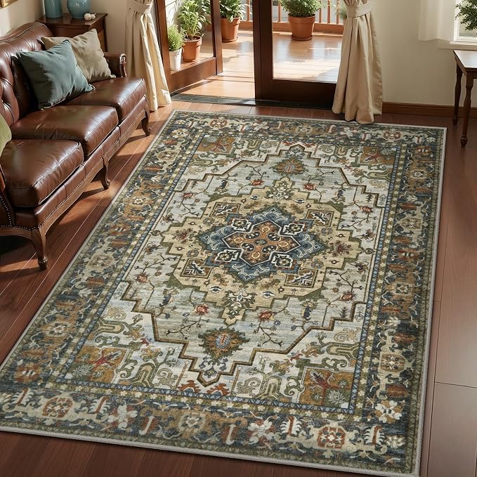 Tangsoo Vintage 3x5 Washable Rug Indoor Area Rugs, Farmhouse Non Slip Accent Rug Carpet, Oriental Boho Soft Low Pile Rugs for Living Room Dorm Bedroom Bedside Entryway Dining Room