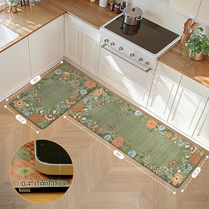 GENIMO Anti Fatigue Kitchen Mats for Floor 2PCS, Cushioned Standing Mats | 17.3"x59"&17.3"x30", Natural Green vintage floral rug set, waterproof, non slip, easy-clean for farmhouse