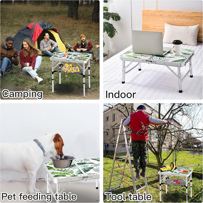 Folding Camping Table 2ft Portable Picnic Table Adjustable Height Small Card Table Aluminum Foldable Lightweight with Carry Handle for Outdoor Indoor Hiking Camp BBQ Beach (Monstera Palm Leaves)