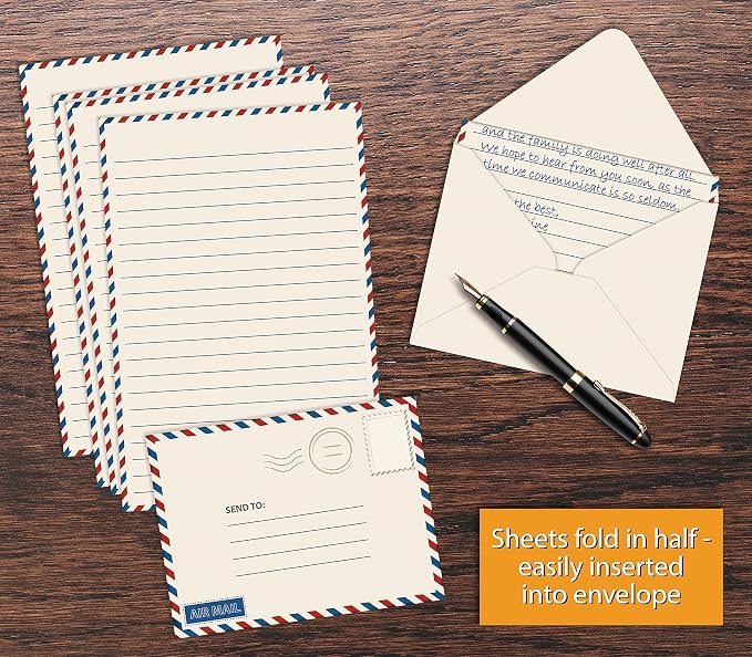 Better Office Products Vintage Airmail Mini Stationery Set, 100 Piece Set (50 Lined Sheets + 50 Matching Envelopes), 5.5 x 8.25 inch, Design, Double Sided Printing, Double Side Lined Paper,