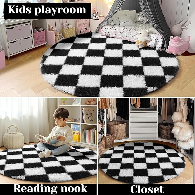 KICMOR Round Rug 4ft for Bedroom, Black and White Fluffy Soft Circle Area Rug Small Fuzzy Shag Shaggy Living Room Carpet, Indoor Checkered Circular Rug for Kids Room Home Decor Aesthetic, Nursery