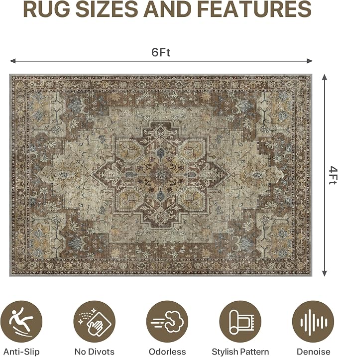 48"x72" Office Chair Mat for Hardwood Tile Floor, Under Desk Carpet Protector for Rolling Computer Chair Mat, Machine Washable Area Rug, Anti-Slip 1/5" Thick Low Pile Thin Vinyl Floor Mat, Brown