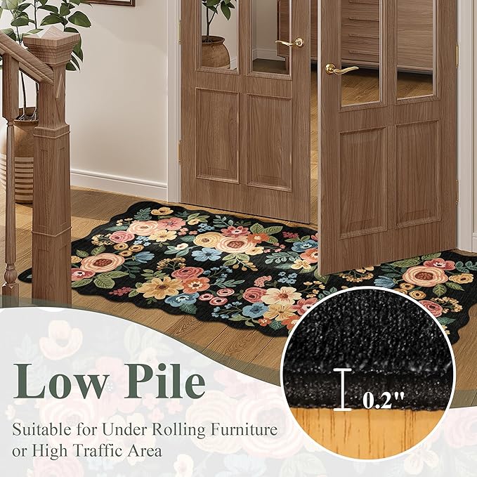 DUKINO 6x9 Area Rug, Floral Washable Rugs for Living Room with Non Slip Backing & Non-Shedding, Lightwight Low Pile Boho Design Large Carpets for Bedroom, Living Room, Dining Room, Black