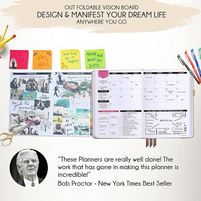 Deluxe Weekly and Monthly Planner | Law of Attraction Planner with Productivity App | 12-Month for Productivity, Gratitude & Goal Setting | Includes Foldable Vision Board, Gift Box & Stickers