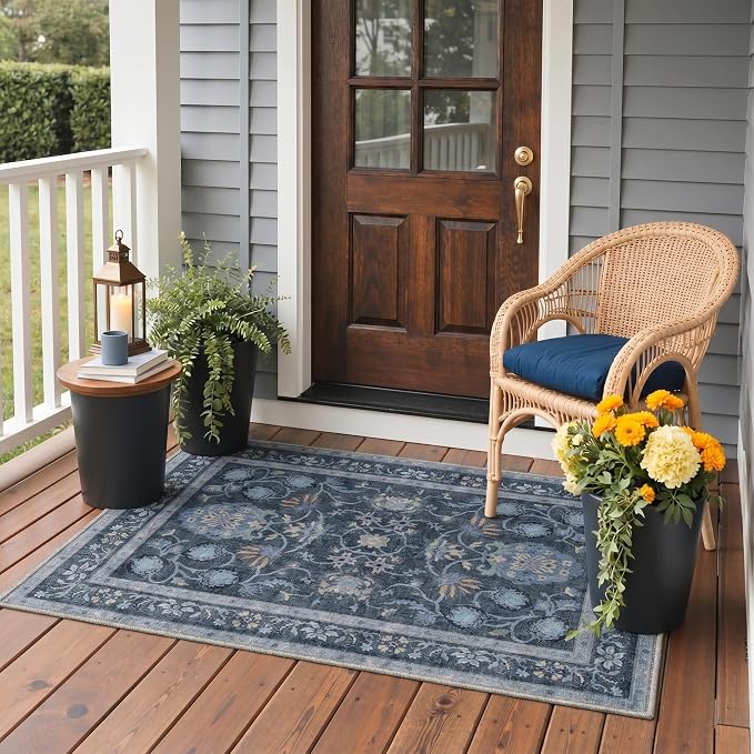 GENIMO Kitchen Rug Sets of 2, Non-Slip Washable Low-Pile Kitchen Mats for Floor, Waterproof Kitchen Runner Rug, for Hallway, Laundry, Sink, Entryway, Bathroom, 20"x32"+20"x48", Navy Blue