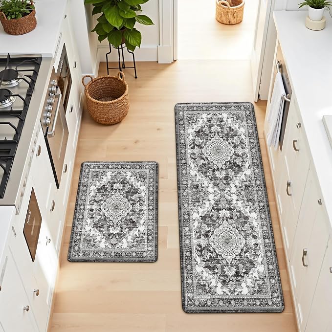 Boho Kitchen Mats for Floor 2 Piece Set Anti Fatigue Cushioned PVC Kitchen Rugs Non Slip Waterproof Farmhouse Mats 2/5 Inch Comfort Standing Mat for Sink, Office, 17.3"x47"+17.3"x28", Dark Grey