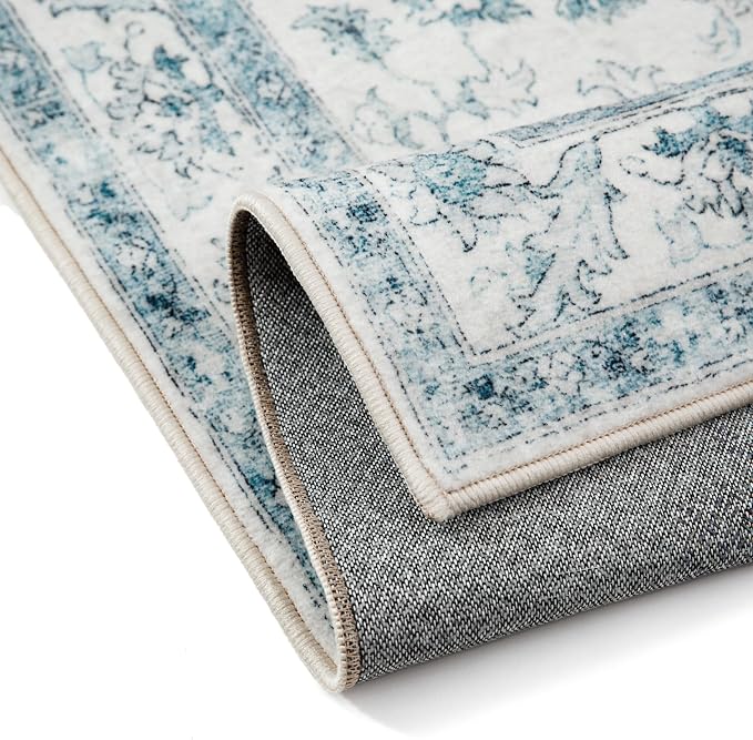 PureCozy Blue Area Rug 6x9 Washable Vintage Carpet for Living Room Bedroom Large Soft Retro Low Pile Thin Indoor Rug Non Slip Oriental Medallion Floor Cover for Dining Room Office