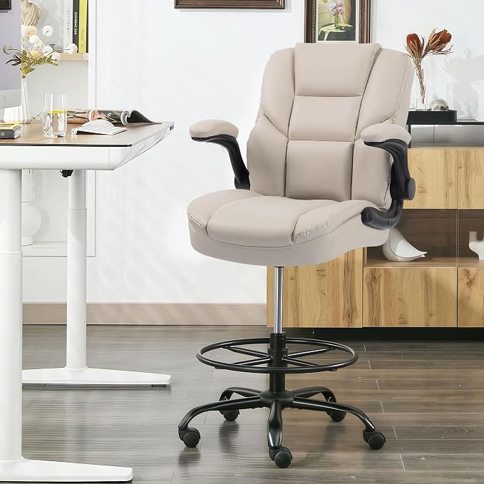 Drafting Chair 500Lbs, Tall Office Chair for Standing Desk, High PU Leather Executive Office Chair with Flip-up Armrests, Ergonomic High Chair with Adjustable Foot Ring, Comfy Stool Chairs, Beige