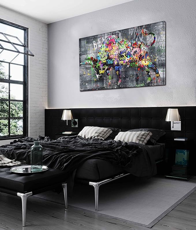 SIXTTART Highland Cow Wall-Art For Living Room Large Size - Banksy Canvas Wall Art For Bedroom - Graffiti Farmhouse Wall Decor Ready To Hang Size 59" x 29"