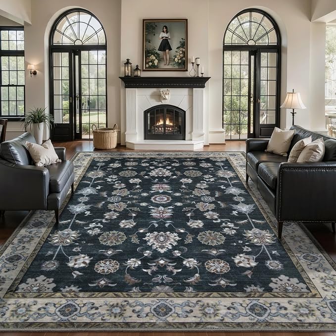 Tangsoo Vintage Black 8x10 Washable Area Rugs for Living Room, Oriental Floral Indoor Non Slip Large Area Rugs, Boho Carpet Soft Low Pile Foldable Floor Rug for Bedroom Dining Room Office