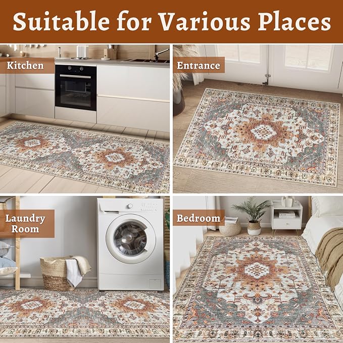 Tangsoo 3x10 Runner Rug for Hallway Long Washable Hallway Runner Rugs, Non Slip Vintage Soft Low Pile Rug Runner, Indoor Oriental Carpet Runners for Living Room Kitchen Bedroom Entryway Turmeric
