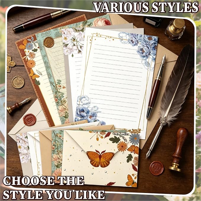Vintage Rose Stationery Set, 5 Styles Letter Kit with 25 Envelopes, 25 Lined Paper, 2 Sheets Stickers (40pcs), Floral Stationery for Pen Pal, Invitations, 90 Pcs Total
