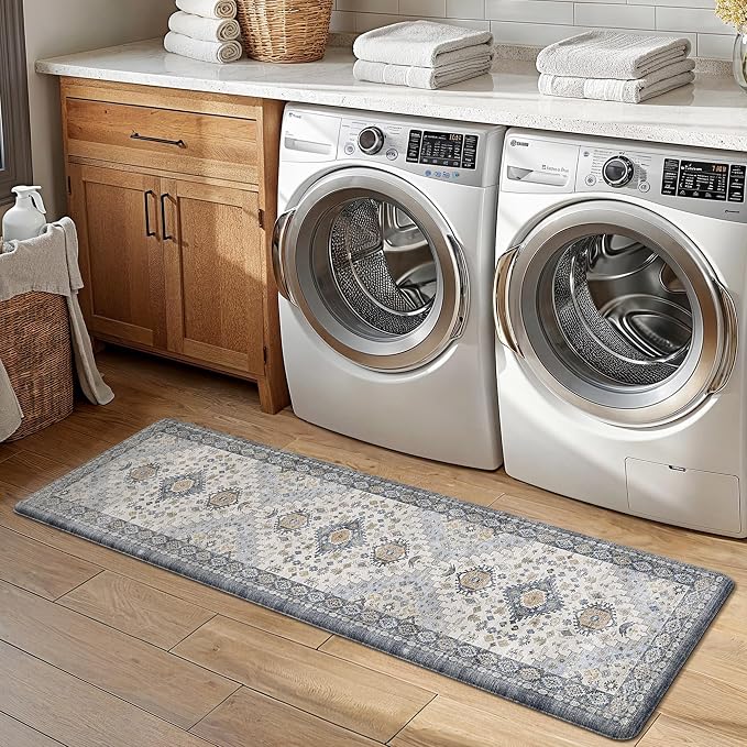 GENIMO Anti Fatigue Kitchen Mats for Floor 2PCS, Cushioned Standing Mats | 17.3"x59"&17.3"x30", Light Green vintage boho rug set, waterproof, non-slip, easy-clean for home laundry sink farmhouse