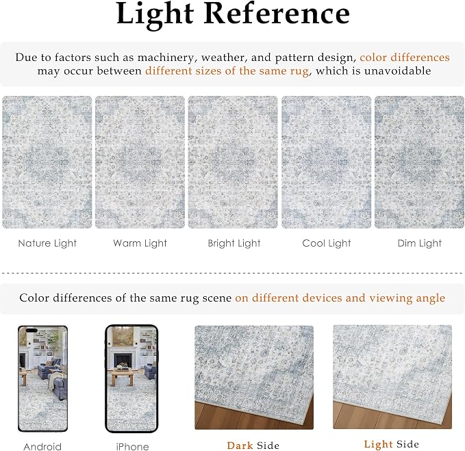 PureCozy 9x12 Area Rug Washable Neutral Blue Vintage Living Room Bedroom Carpet Non Slip Low Pile Soft Floral Indoor Large Throw Rug for Dining Room Office