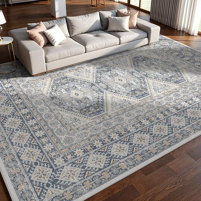 12x15 Area Rug for Living Room: Vintage Oriental Washable Rug for Bedroom Dining Room with Non Slip Rubber Backing Stain Resistant Low Pile Large Carpet Home Office (Blue, 12x15)