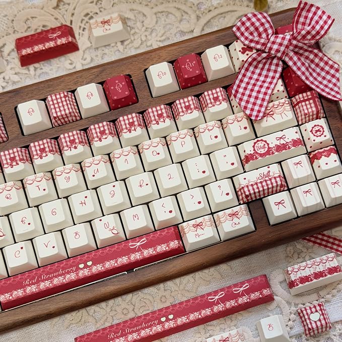 Raspberry Mousse Theme Keycaps 140 Keys, PBT Keycap Cherry Profile, Dye-Sub Cute Red Key Caps Set 60% 75% 96% 100%, Custom Keyboard Keycaps MX Switch Mechanical Keyboard (Only Keycap)