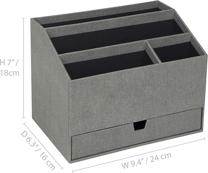 Bigso Greta Desktop Organizer - Durable Office Desk Organizer for Office Supplies and Accessories - 4 Compartments and Drawer for Customized Organizing - 9.4in x 6.2in x 7.2in - Grey