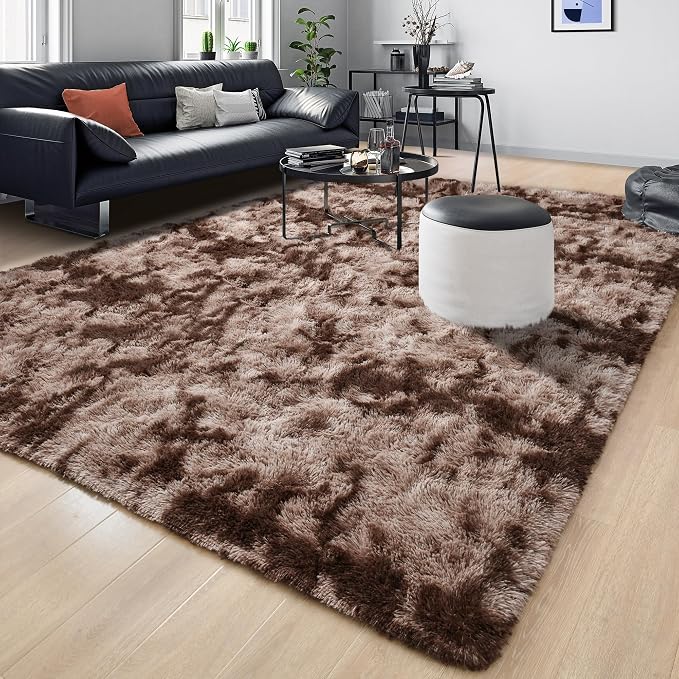 Tepook 8x10 Area Rugs for Living Room Bedroom, Soft Fluffy Plush Shaggy Girls Boys Kids Room Rug, Shag Upgrade Non-Slip Throw Carpet for Dorms Nursery Classroom Home Decor, Tie-Dyed Brown