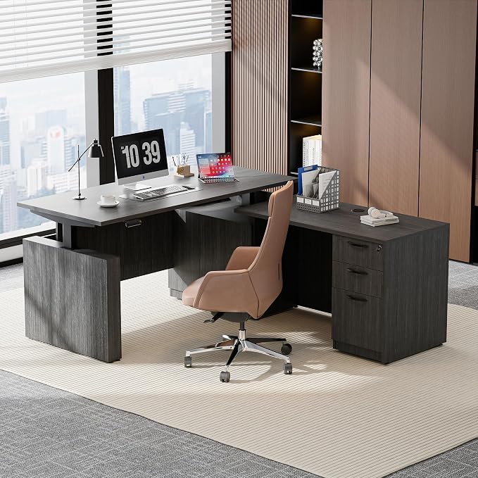 66.93" L Shaped Executive Standing Desk with Pre-Assembled Frame & Lockable Cabinets, Fixed Right-Facing Design, Dual-Motor Height Adjustable Sit-to-Stand Desk for Corporate & Home Office