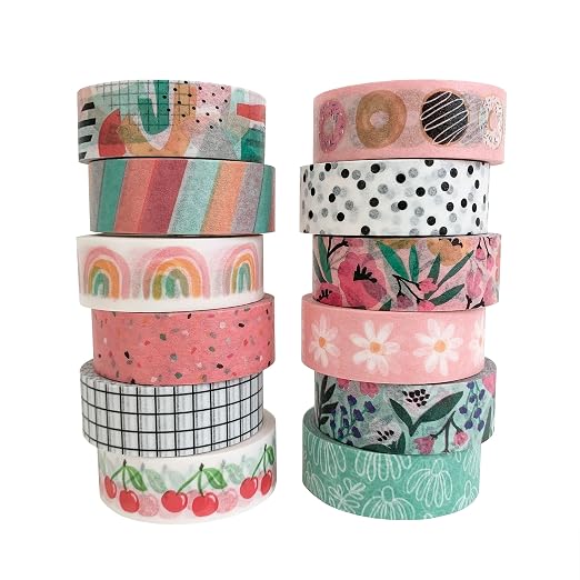 Washi Tape Set of 12 Rolls of 15 mm Wide Cute Decorative Washi Tape for Journaling, Scrapbook, Washy Crafts, Bullet Journals, Planners, DIY Décor, Craft Supplies For Adults & Kids (Retro)