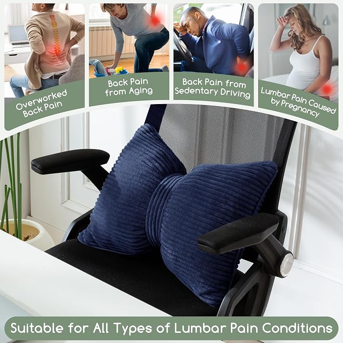 HIGOGOGO Lumbar Support Pillow for Recliner Chair, Bow Knot Shaped Back Support Cushion, Striped Corduroy Soft Decorative Lumbar Pillow for Office Chair, Sofa, Car, Bed, Living Room - Navy