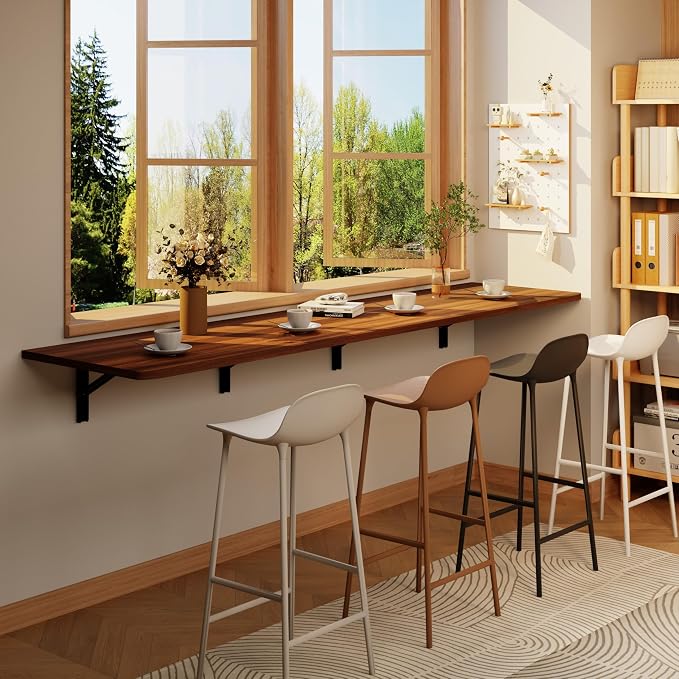 IAE 72" x 22" Floating Foldable Desk,Wall-Mounted Folding Computer Table with Engineered Wood,Study Table with Shelf Brackets,Fold Down Shelf,Fold Computer Desk for Small Apartment,Holds 500 lb,Walnut