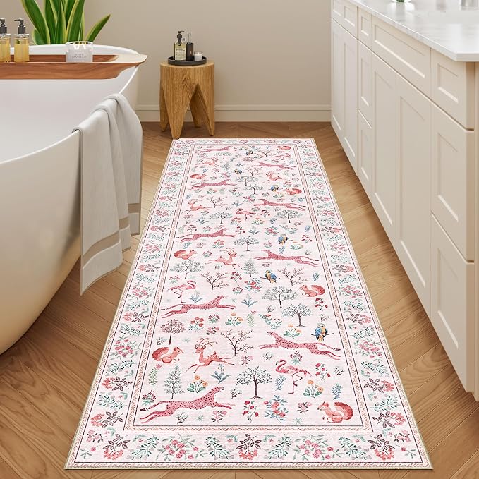 DUKINO 2.6x8 Rug for Hallway, Washable Kitchen Runner Rug with Non Slip Backing, Soft Low Pile Vintage Animal Runner for Bedroom, Kitchen, Hallway, Entryway, Laundry, Pink