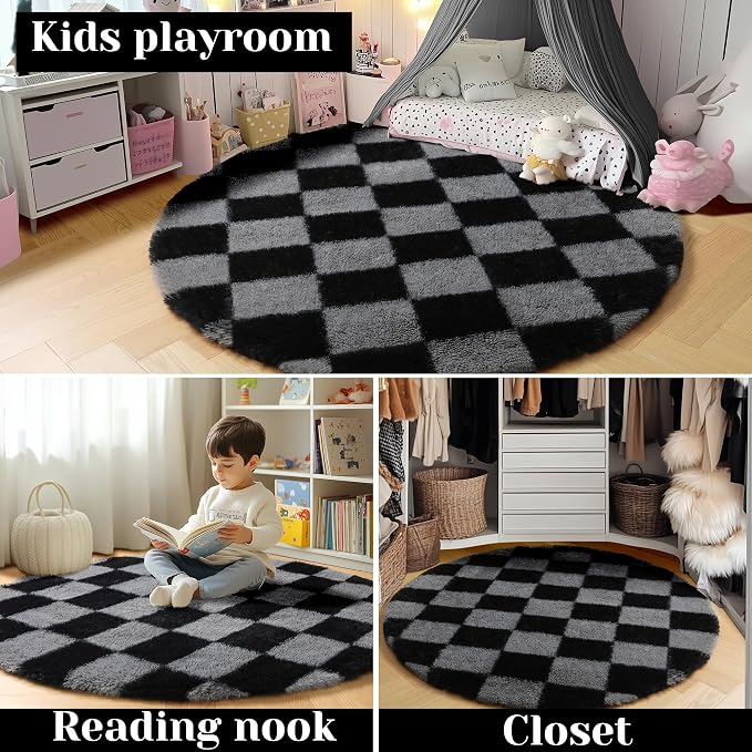 KICMOR Round Rugs 5ft Black and Grey Circle Area Rug, Fluffy Soft Fuzzy Shag Shaggy Bedroom Living Room Carpet, Indoor Checkered Circular Rug for Teen Kids Boys Girls Home Decor Aesthetic, Nursery