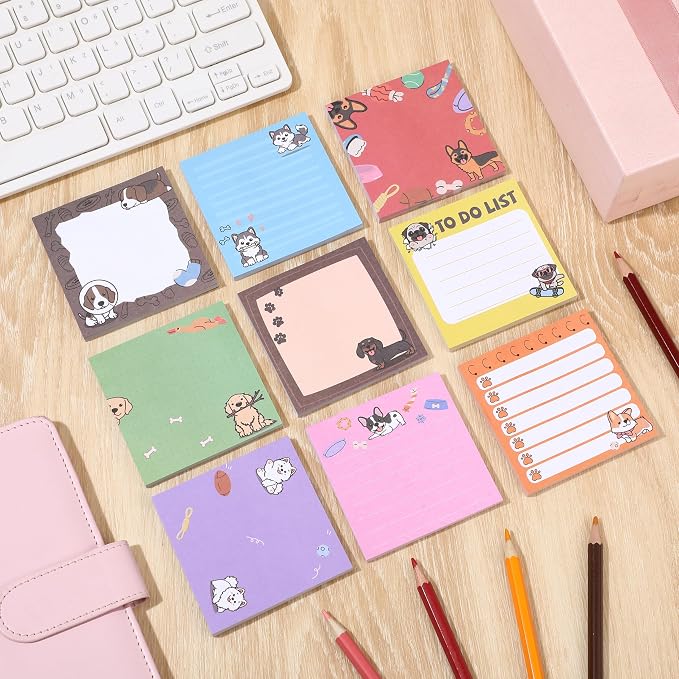 9 Pads Cute Sticky Notes Cartoon Self Stick Notepads 3x3 Inches Notes Adhesive Memo Pad Office Decor Gifts for Students School Teacher Office Meeting(Dog)