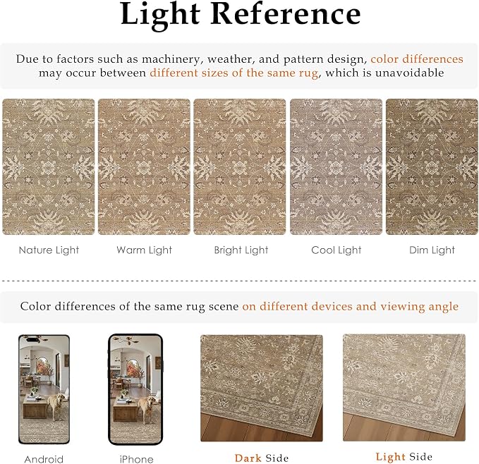 PureCozy 6x9 Area Rug Brown Washable Vintage Carpet Living Room Bedroom Large Non Slip Stain Soft Resistant Low Pile Thin Boho Accent Indoor Throw Rug for Dining Room Office