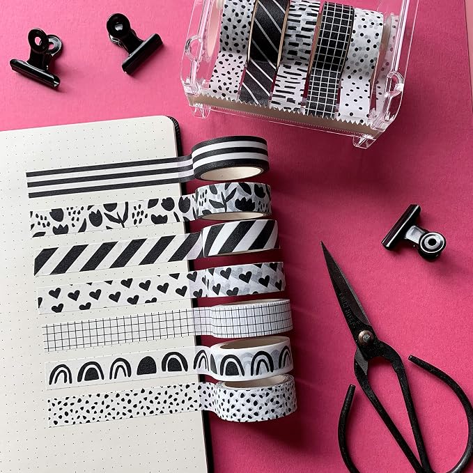 ZYNSHE Washi Tape Set of 12 Rolls of 15 mm Wide Cute Decorative Washi Tape for Journaling, Scrapbook, Washy Crafts, Bullet Journals, Planners, DIY Décor, Gift Wrapping, Craft Supplies (Black White)