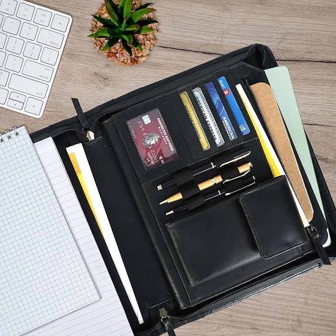 Leather Portfolio for Men, Portfolio Organizer with Zipper for Men Women, Leather Padfolios Business Resume Legal Pad Notebook Binder for A4/Pad (Black)