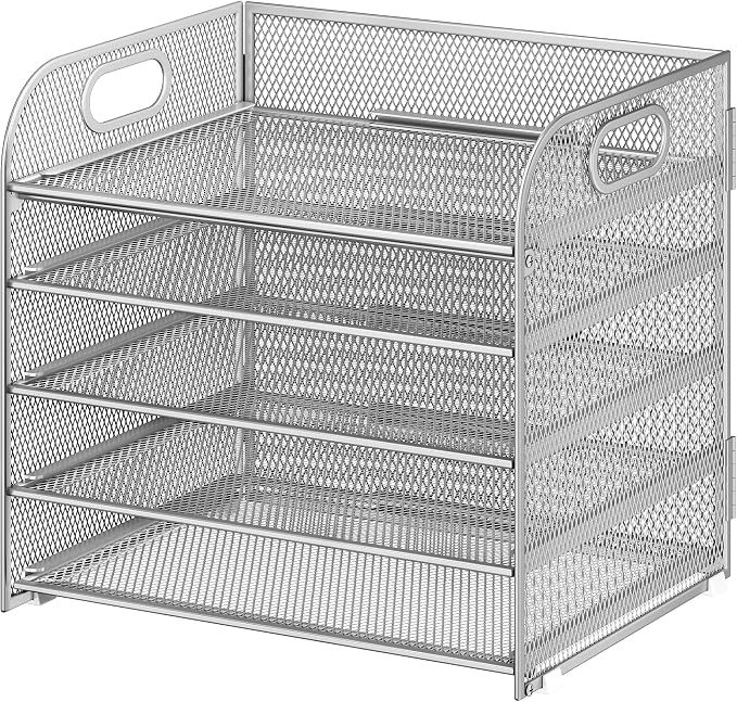 Cawukege 5 Tier Paper Organizer with Handle, Silver Metal Mesh Desk Organizer File Folder Paper Letter Tray Desktop Document Sorter for Classroom, School, Office Accessories Organization and Storage