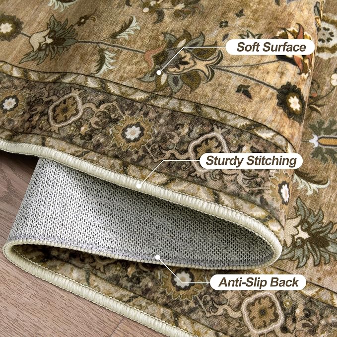 Tangsoo Brown 2.6x10 Hallway Runner Rugs, Washable Runner Rug for Hallways Non Slip, Floral Vintage Soft Low Pile 10ft Long Rug Runner, Indoor Carpet Runners for Living Room Kitchen Bedroom Entryway
