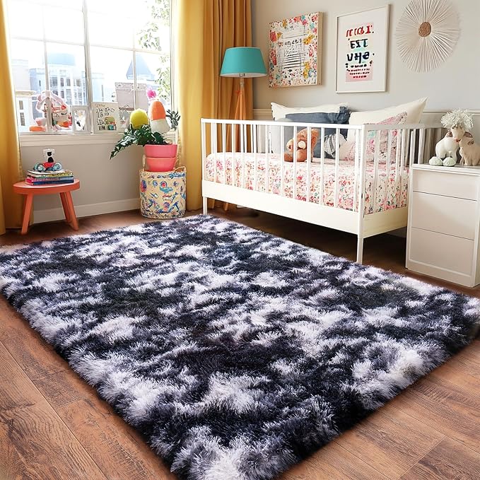 Black and White Rug for Living Room, 9x12 Area Rug for Bedroom, Bedside Indoor Floor Fluffy Shag Carpet, Plush Soft Rug for Boys Girls Kids Room Nursery Dorm Home Decor