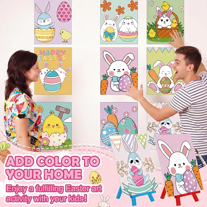 Blosssound 10 Set Easter Pre Printed Canvas Bunny Pre Drawn Canvas Painting with Easel Kits 5" x 7" Outline Painting Panels for Beginners, DIY Craft Project, Party Favor, Home Decors
