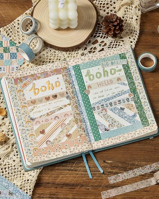 Boho Washi Tape Set 10 Rolls Cute Masking Graphic Floral Pattern Decorative Tapes for Arts, DIY Crafts, Journals, Planners, Scrapbook, Wrapping (Cool)