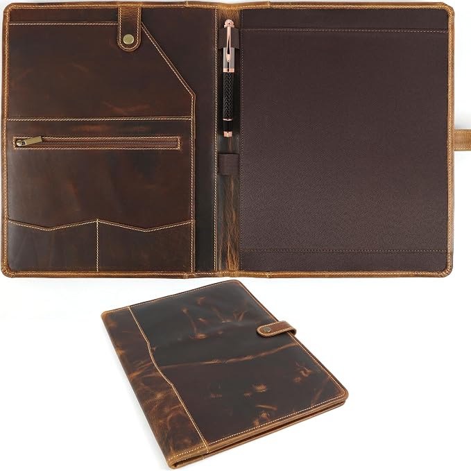 Leather Portfolio, Leather Binder with Pen, Resume Organizer & Padfolio for Men and Women | Business Portfolio with Card Holder & Document Organizer (Antique Brown)