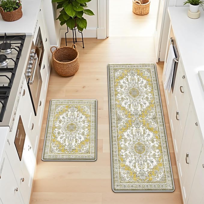 Boho Kitchen Mats for Floor 2 Piece Set Anti Fatigue Cushioned PVC Kitchen Rugs Non Slip Waterproof Farmhouse Mats 2/5 Inch Comfort Standing Mat for Office, Laundry, 17.3"x59"+17.3"x28", Yellow