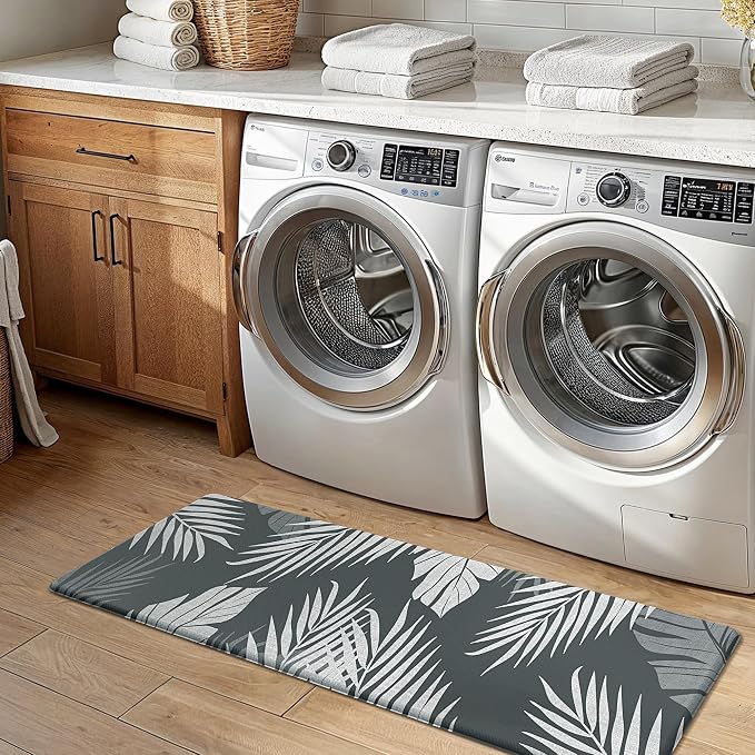 GENIMO Anti Fatigue Kitchen Mats for Floor 2PCS, Cushioned Standing Mats | 17.3"x59"&17.3"x30", Light Grey vintage floral rug set, waterproof, non slip, easy-clean for farmhouse