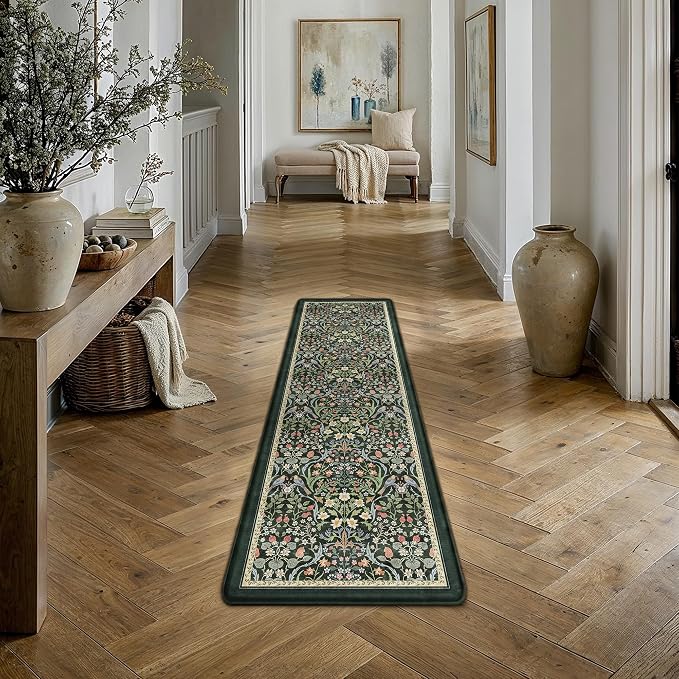 PureCozy Kitchen Mats for Floor 2PCS Anti Fatigue Cushioned Mat Non Slip Comfort Kitchen Rugs Vintage Floral Waterproof Standing Dark Green Mat for Sink Laundry Office Desk 17.3"x47"+17.3"x30"