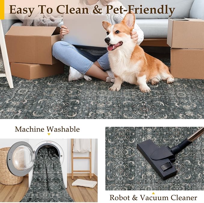HUGEAR Area Rug 5x7 Vintage Black Machine Washable Living Room Rugs Distressed Retro Floral Vacuumable Low Pile Carpet Bedroom Office Dining Room Laundry Room Non Slip Soft Lightweight