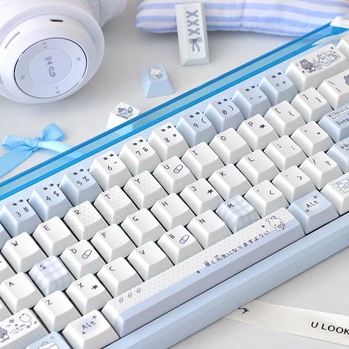 Cute Rabbit Theme Keycaps 140 Keys, PBT Key Cap Set Dye Sublimation, Cherry Profile Blue Keyboard Keycap, Custom Keycaps for Cherry MX Switches Mechanical Gaming Keyboard 60% 75% 100%