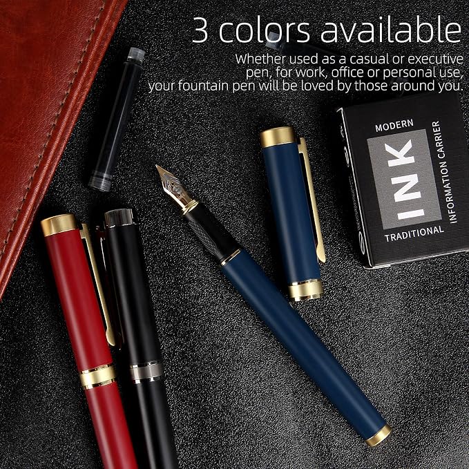 Fountain pen,Luxury pen,Nice pen gift pure copper heavy feel Office Executive Pen Smooth Writing Pens for Men Funcy Pens with Gift Case 10 black cartridges medium nib (Blue)
