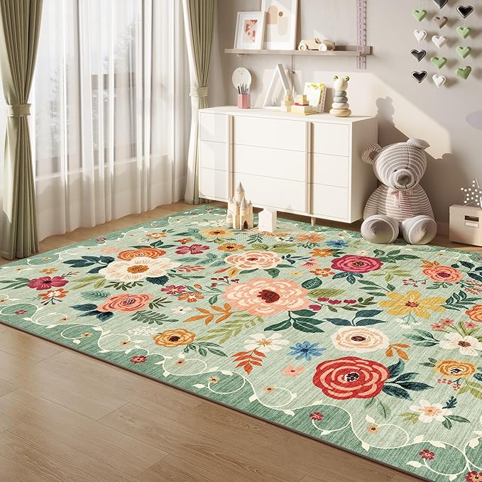 DUKINO 5x8 Area Rug for Living Room, Washable Lightweight Non Slip Floral Bedroom Rug with Non Shedding Design, Soft Low Pile Large Indoor Carpet for Dining Room, Kids Playroom, Nursery, Office, Green