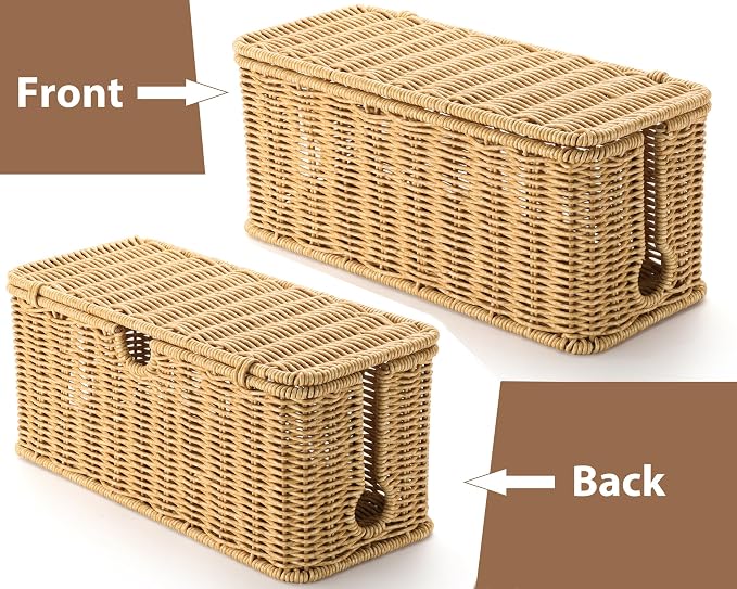 ZhiYo Rattan Cable Management Box, Brown Cord Organizer, 12.5" x 5" x 5.2" | Handwoven imitation rattan cord hider box conceals power strips and cables for a clean desk or floor setup